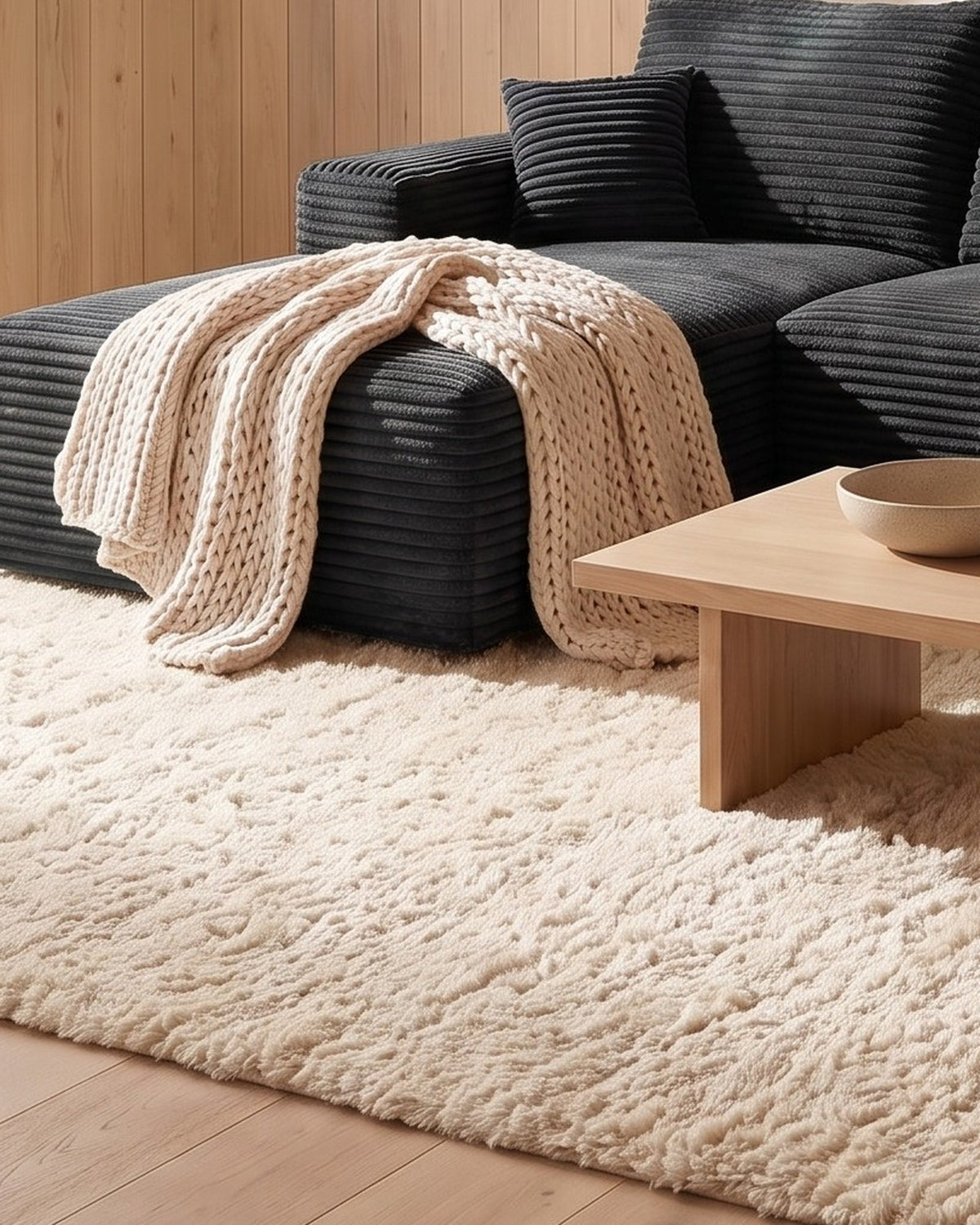 Cloud Corduroy L-Shaped Sectional with Chaise, 107 in in Black, close-up of the left end