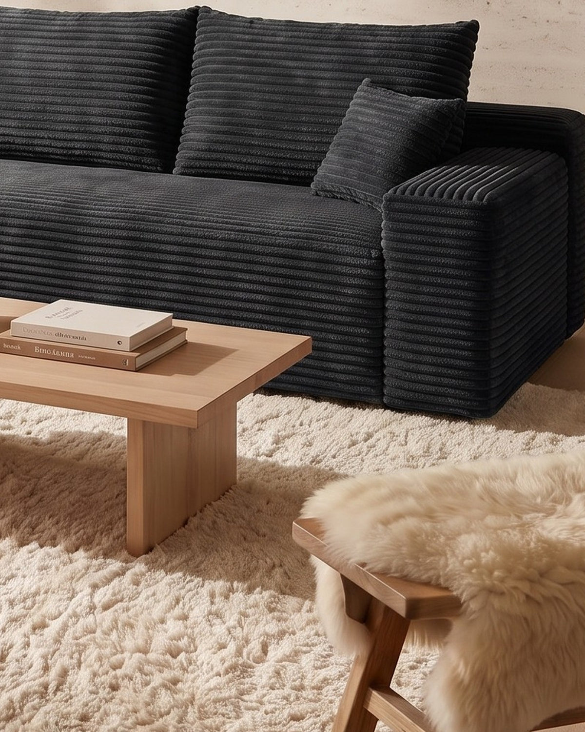 Cloud Corduroy L-Shaped Sectional with Chaise, 107 in in Black, close-up of the right end