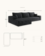 Cloud Corduroy L-Shaped Sectional with Chaise, 107 in in Black, dimensions diagram in inches [c:black] [r:dims]