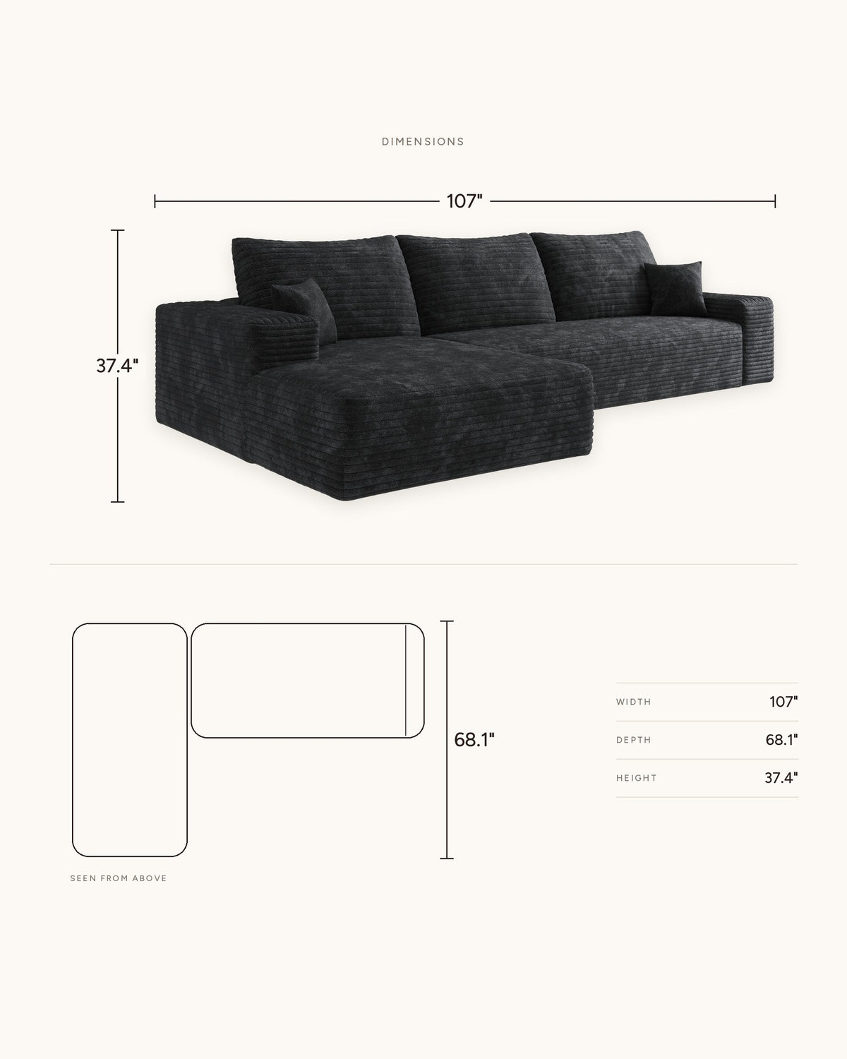 Cloud Corduroy L-Shaped Sectional with Chaise, 107 in in Black, dimensions diagram in inches