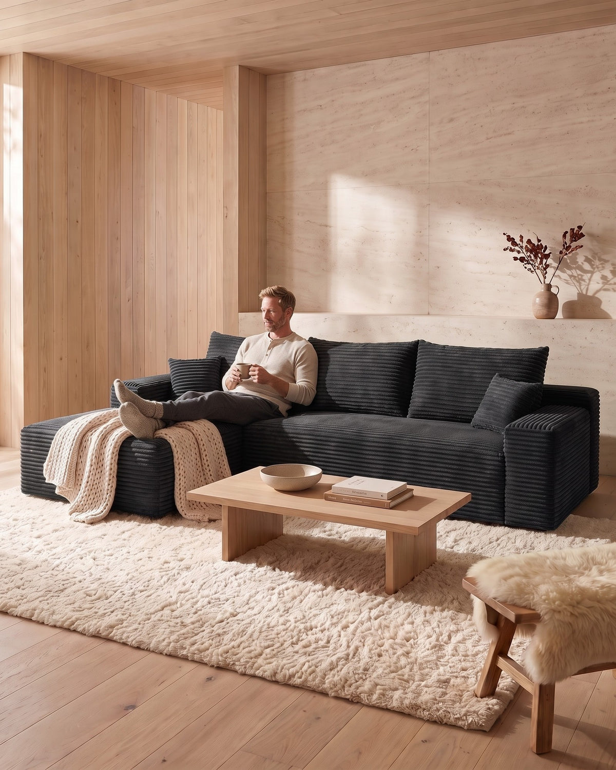 Cloud Corduroy L-Shaped Sectional with Chaise, 107 in in Black, with a person relaxing on it