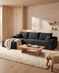 Cloud Corduroy L-Shaped Sectional with Chaise, 107 in in Black, styled in a bright living room [c:black] [r:good]