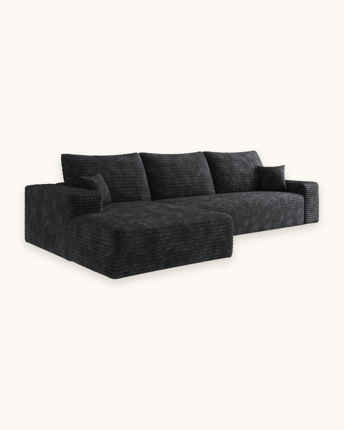 Cloud Corduroy L-Shaped Sectional with Chaise, 107 in in Black, studio photo on a light background