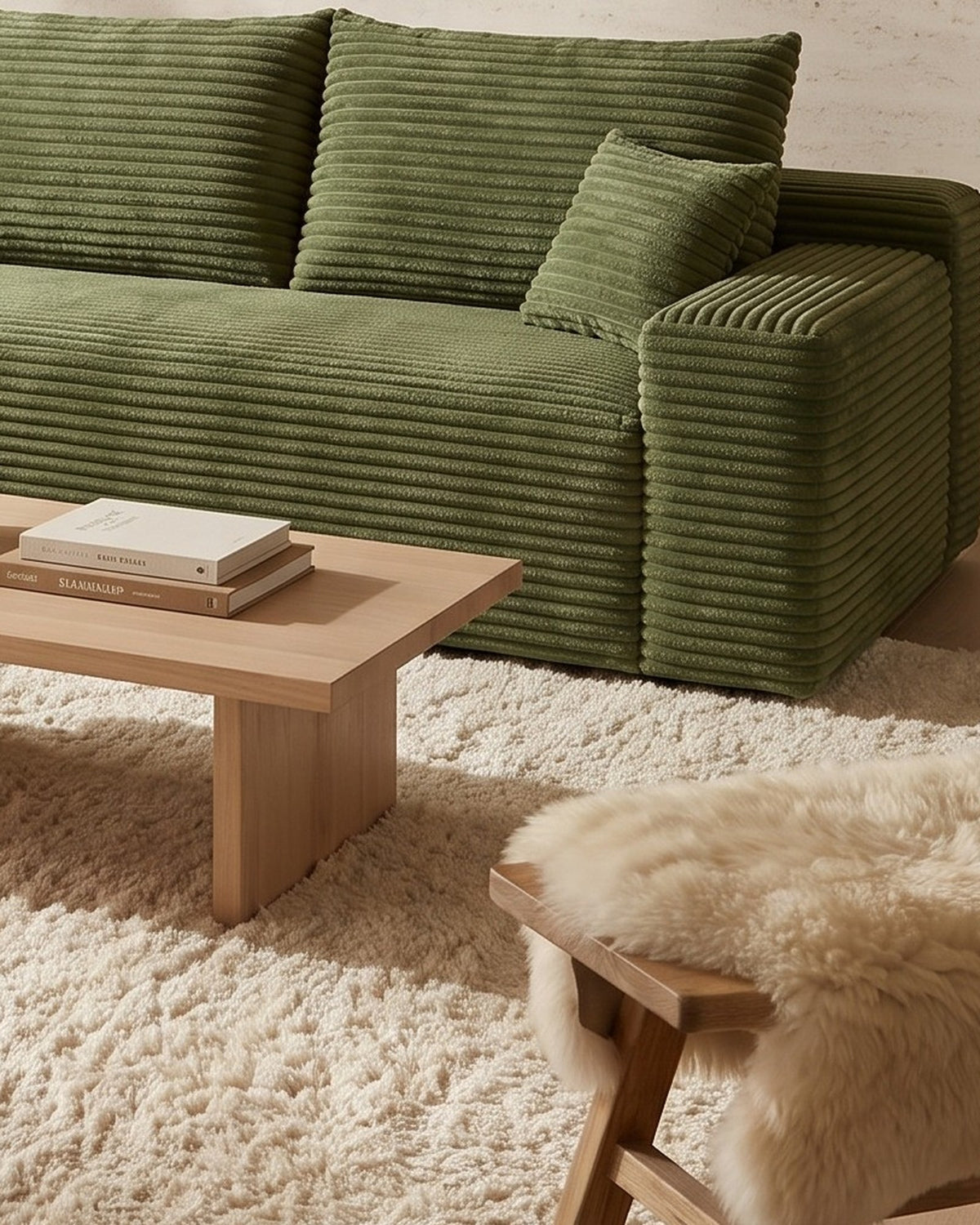 Cloud Corduroy L-Shaped Sectional with Chaise, 107 in in Green, close-up of the right end