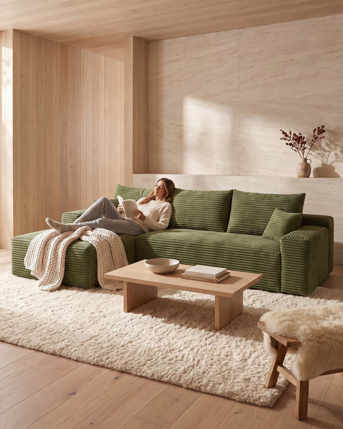Cloud Corduroy L-Shaped Sectional with Chaise, 107 in in Green, with a person relaxing on it