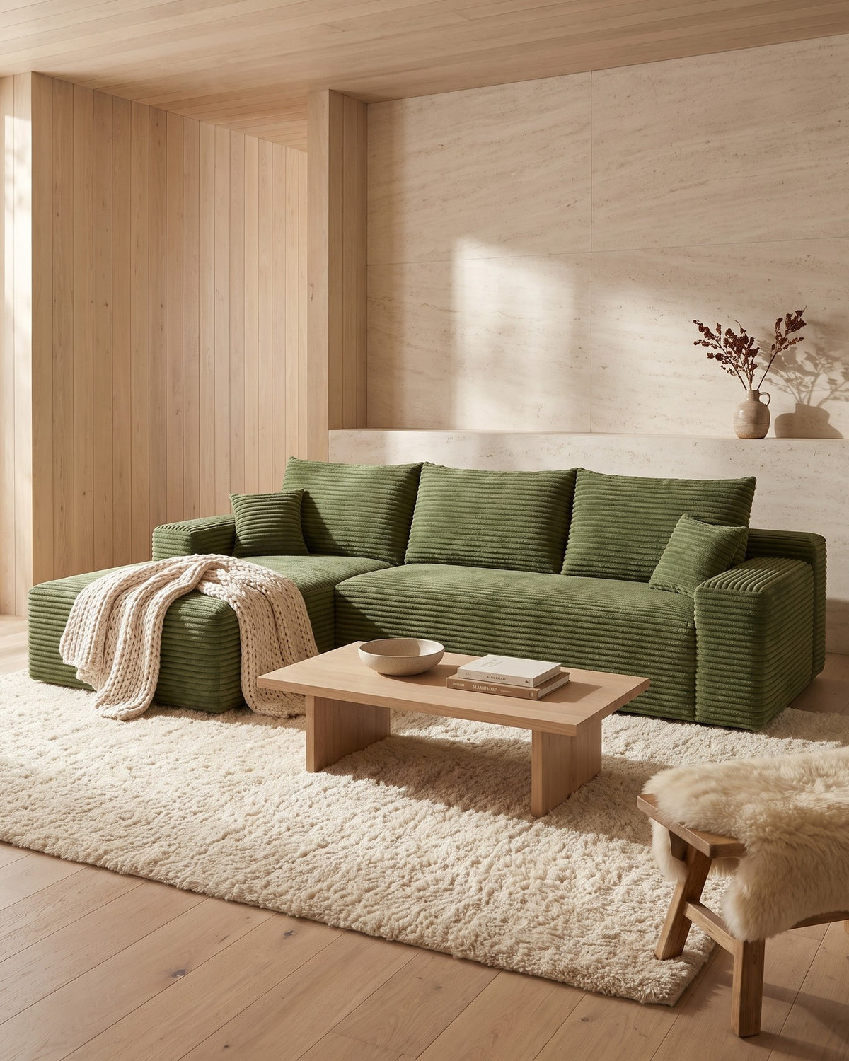 Cloud Corduroy L-Shaped Sectional with Chaise, 107 in in Green, styled in a bright living room