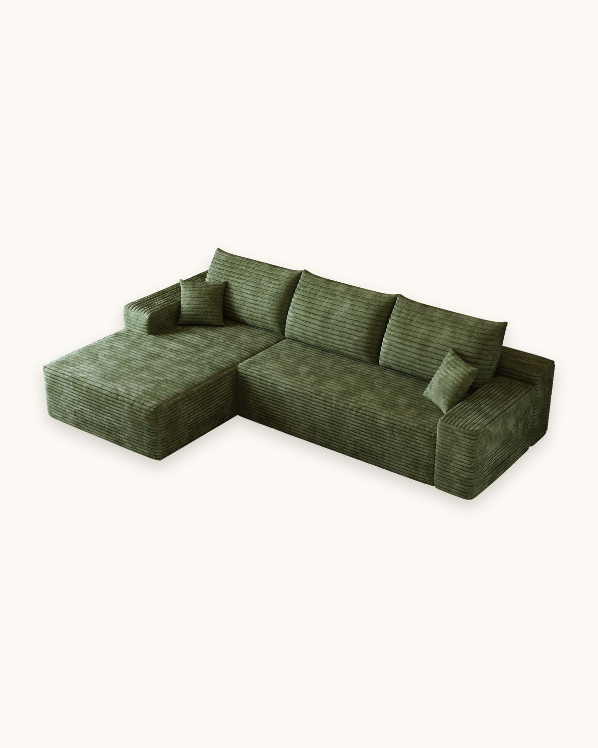 Cloud Corduroy L-Shaped Sectional with Chaise, 107 in in Green, studio photo on a light background