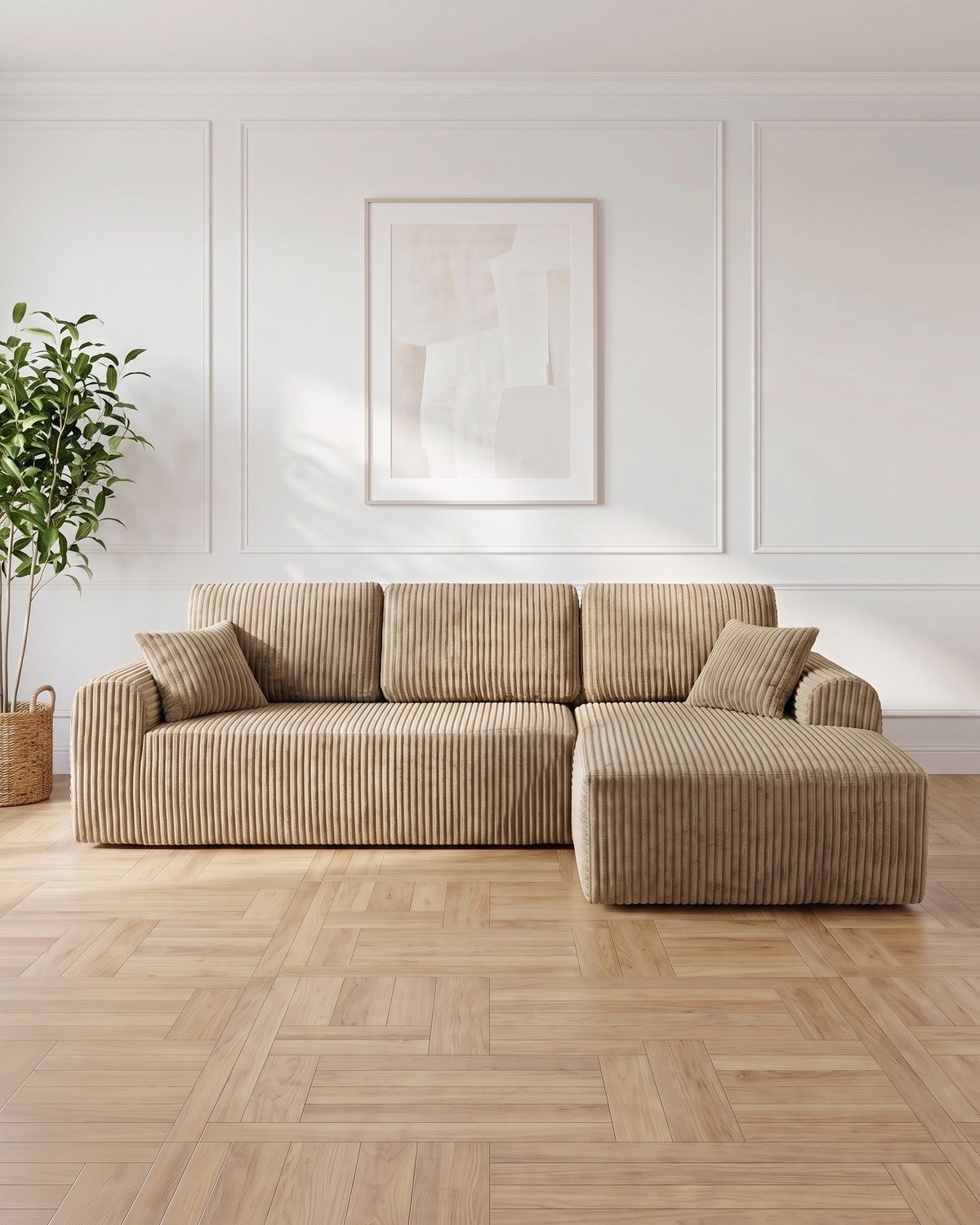 Cloud Modular L-Shaped Sectional with Chaise, 109 in in Beige, chaise on the left, styled in a bright living room