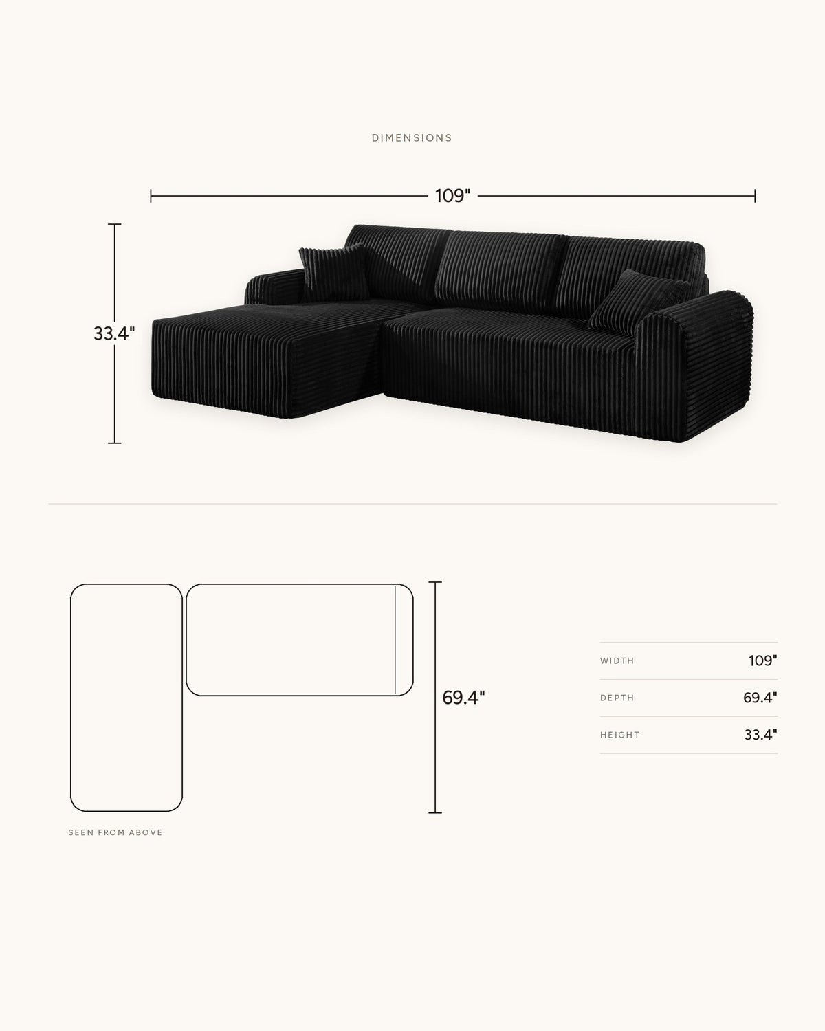 Cloud Modular L-Shaped Sectional with Chaise, 109 in in Black, chaise on the left, dimensions diagram in inches