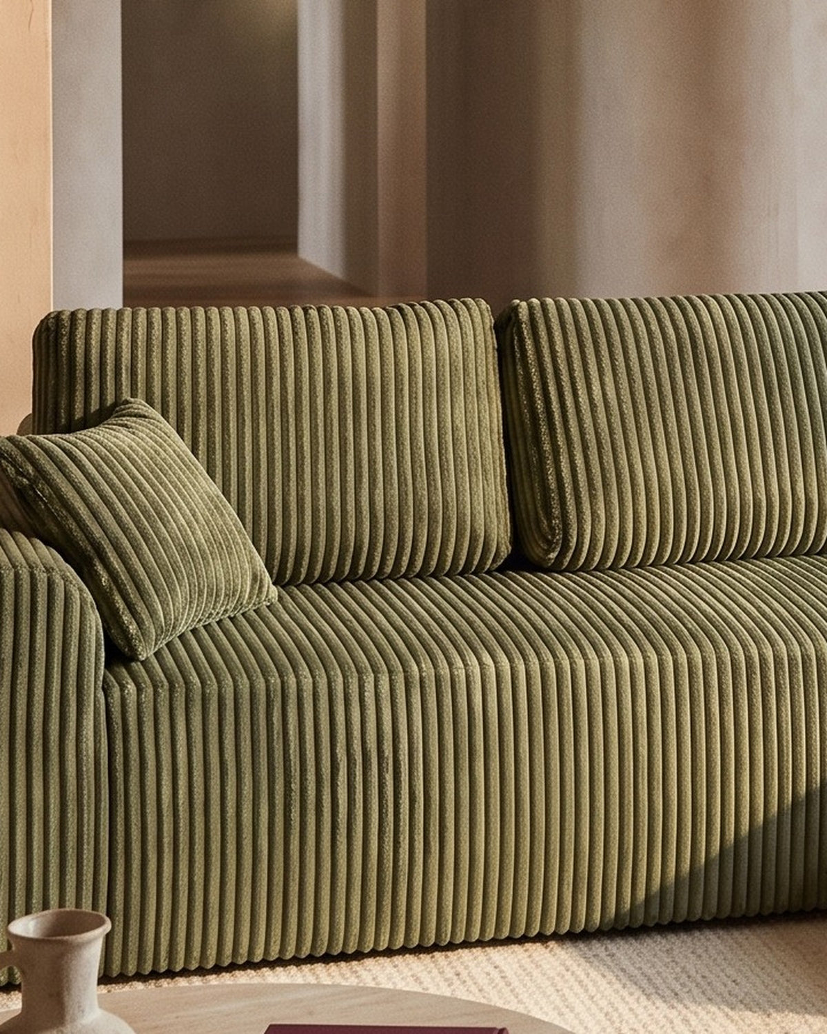 Cloud Modular L-Shaped Sectional with Chaise, 109 in in Green, chaise on the right, close-up of the left end