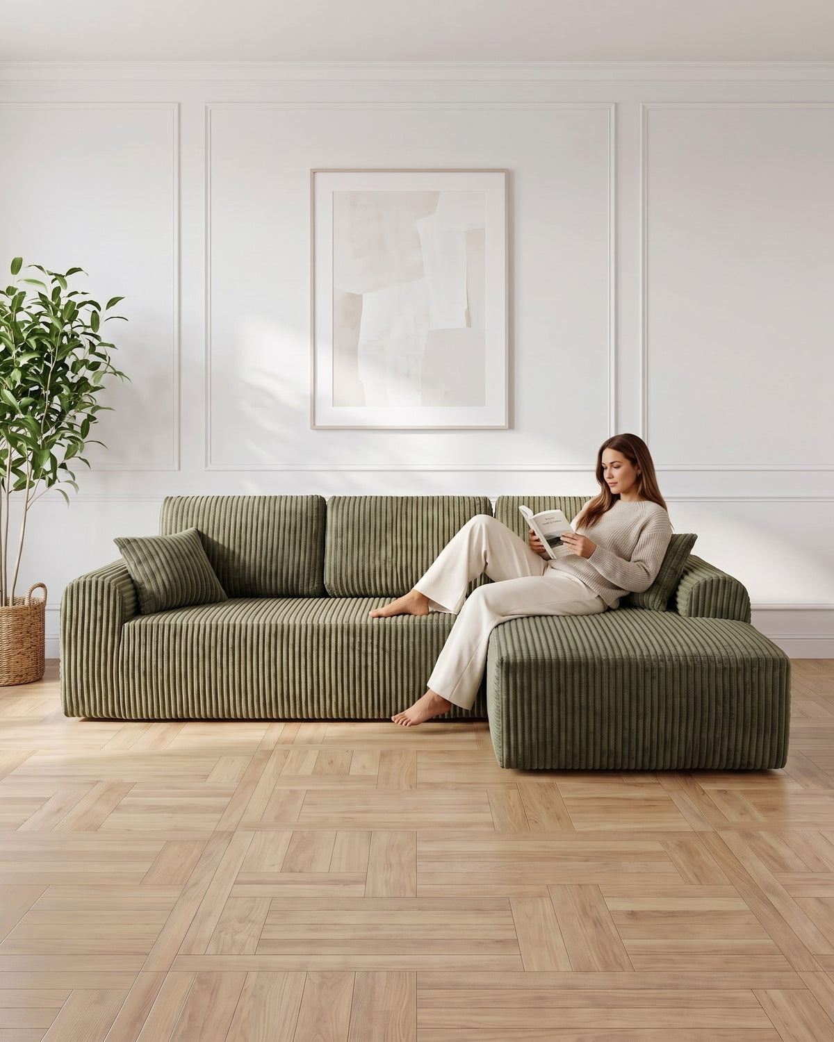 Cloud Modular L-Shaped Sectional with Chaise, 109 in in Green, chaise on the right, with a person relaxing on it