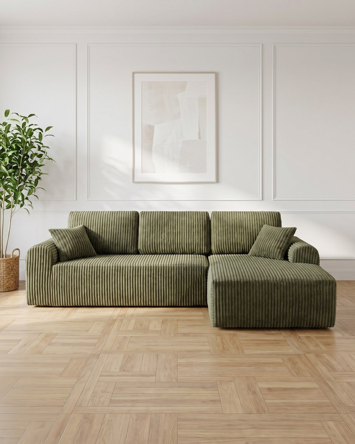 Cloud Modular L-Shaped Sectional with Chaise, 109 in in Green, chaise on the right, styled in a bright living room