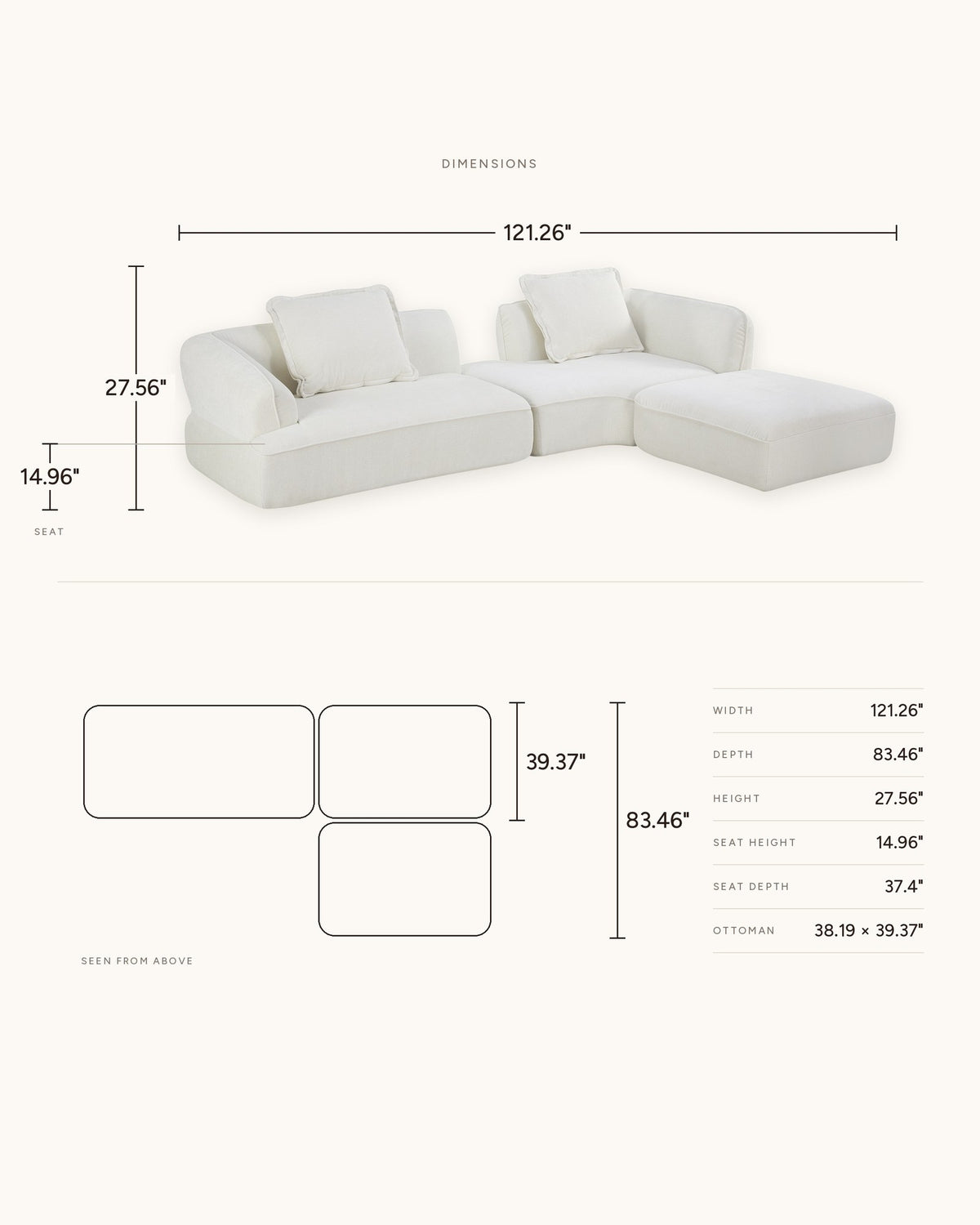 Compressed L-Shaped Sectional with Chaise, 122 in dimensions: 121.26 in wide, 83.46 in deep, 27.56 in high, seat height 14.96 in