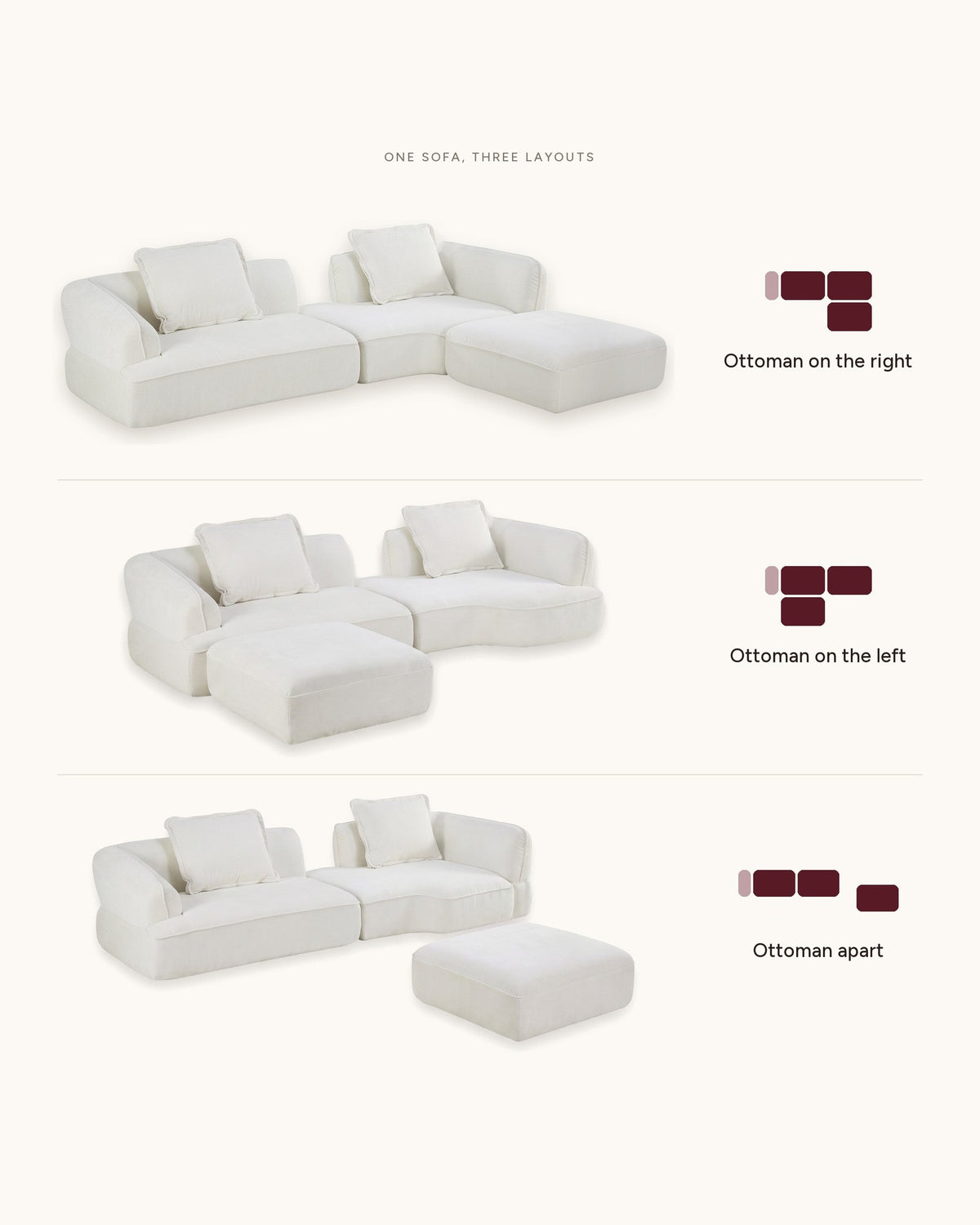 Compressed L-Shaped Sectional with Chaise, 122 in in Beige: ottoman on the right, on the left, or apart