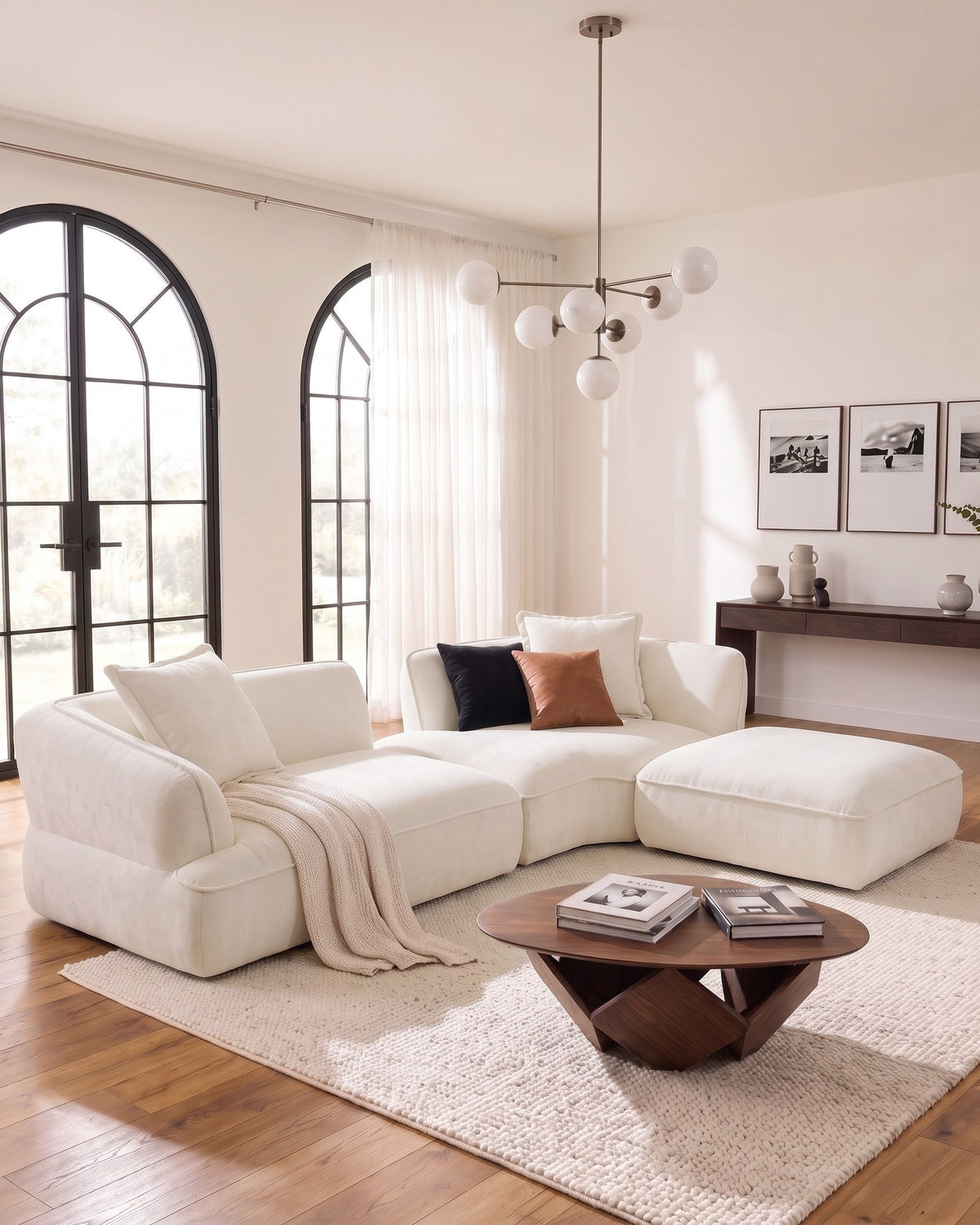 Compressed L-Shaped Sectional with Chaise, 122 in in Beige, styled in a bright living room