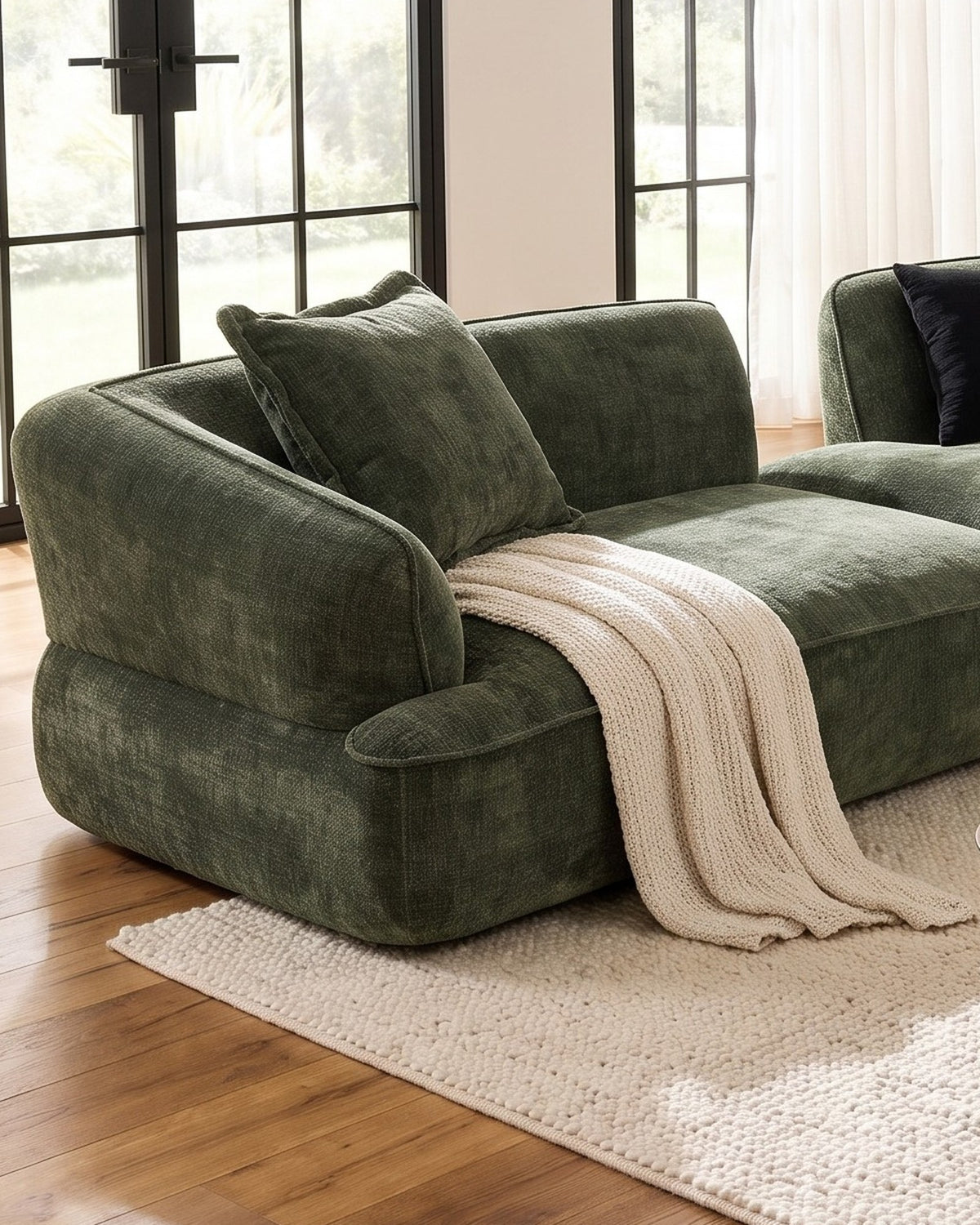 Rounded armrest and chenille of the Compressed L-Shaped Sectional with Chaise, 122 in in Green