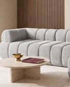 Compressed L-Shaped Sectional with Chaise, 122 in in Grey, close-up of the left end [c:grey] [r:detail]