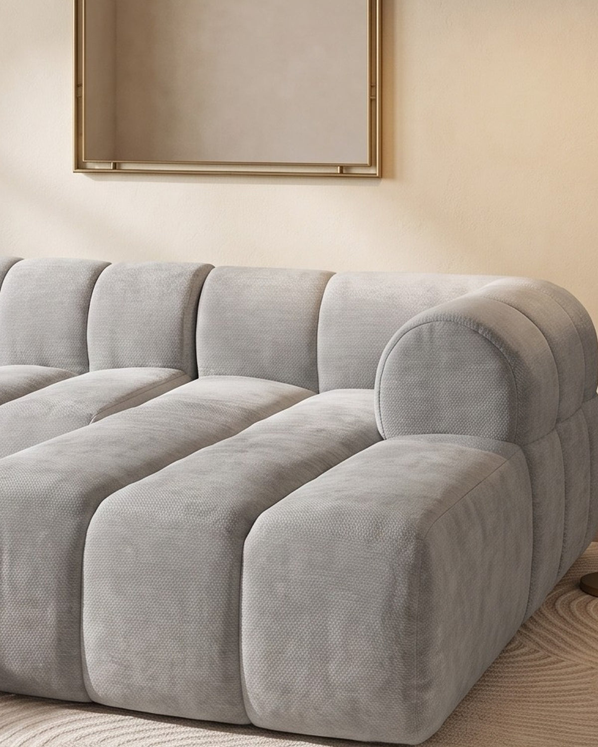 Compressed L-Shaped Sectional with Chaise, 122 in in Grey, close-up of the right end