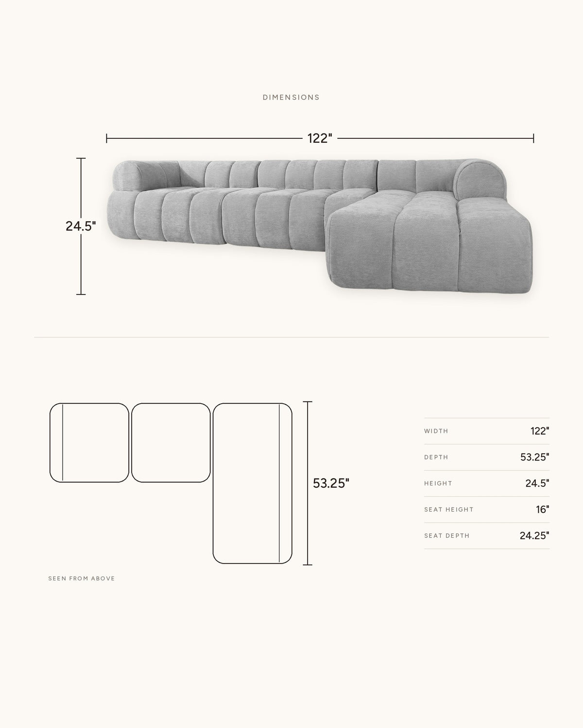 Compressed L-Shaped Sectional with Chaise, 122 in in Grey, dimensions diagram in inches