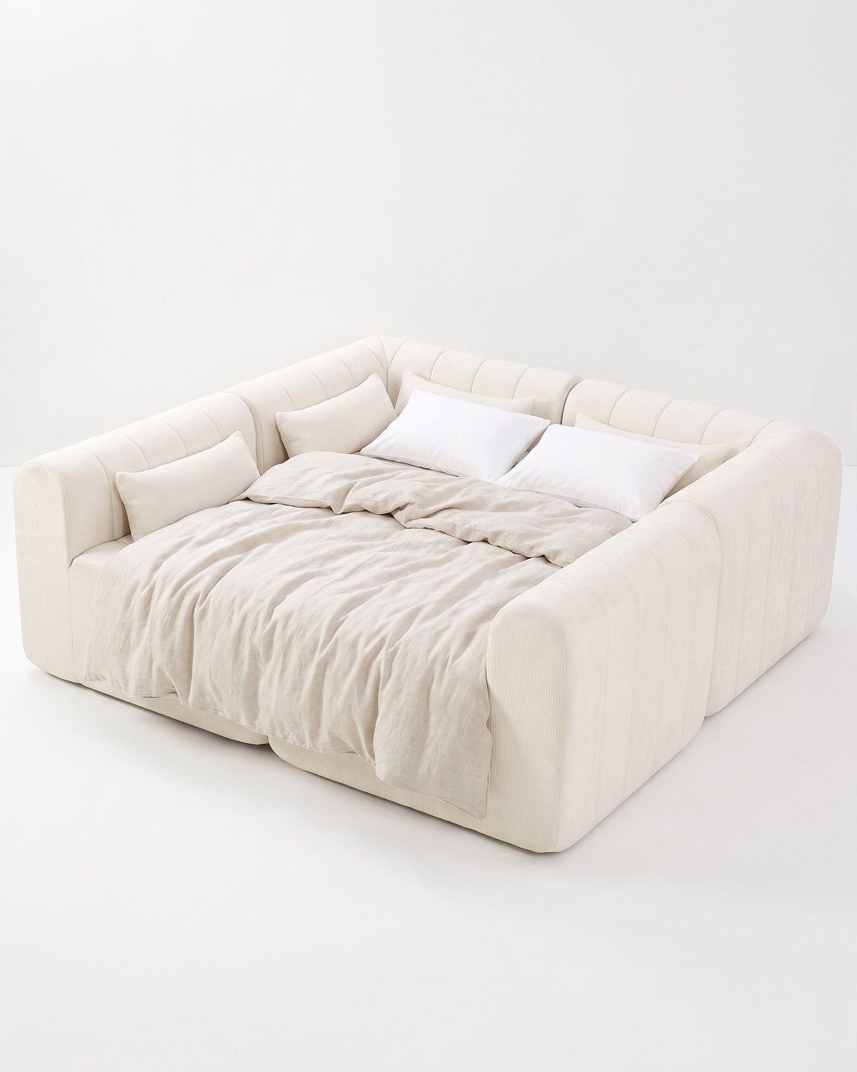 Compressed Modular Sectional, 145 in in Beige, unfolded into a bed
