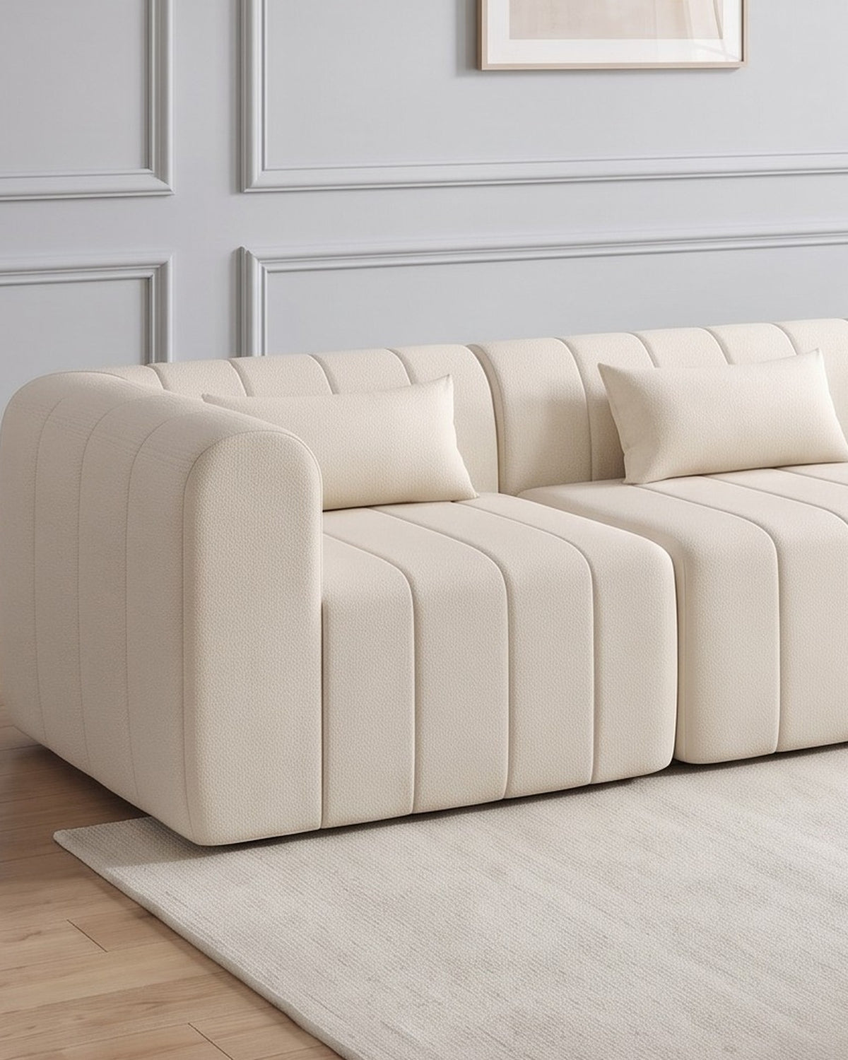 Compressed Modular Sectional, 145 in in Beige, close-up of the left end