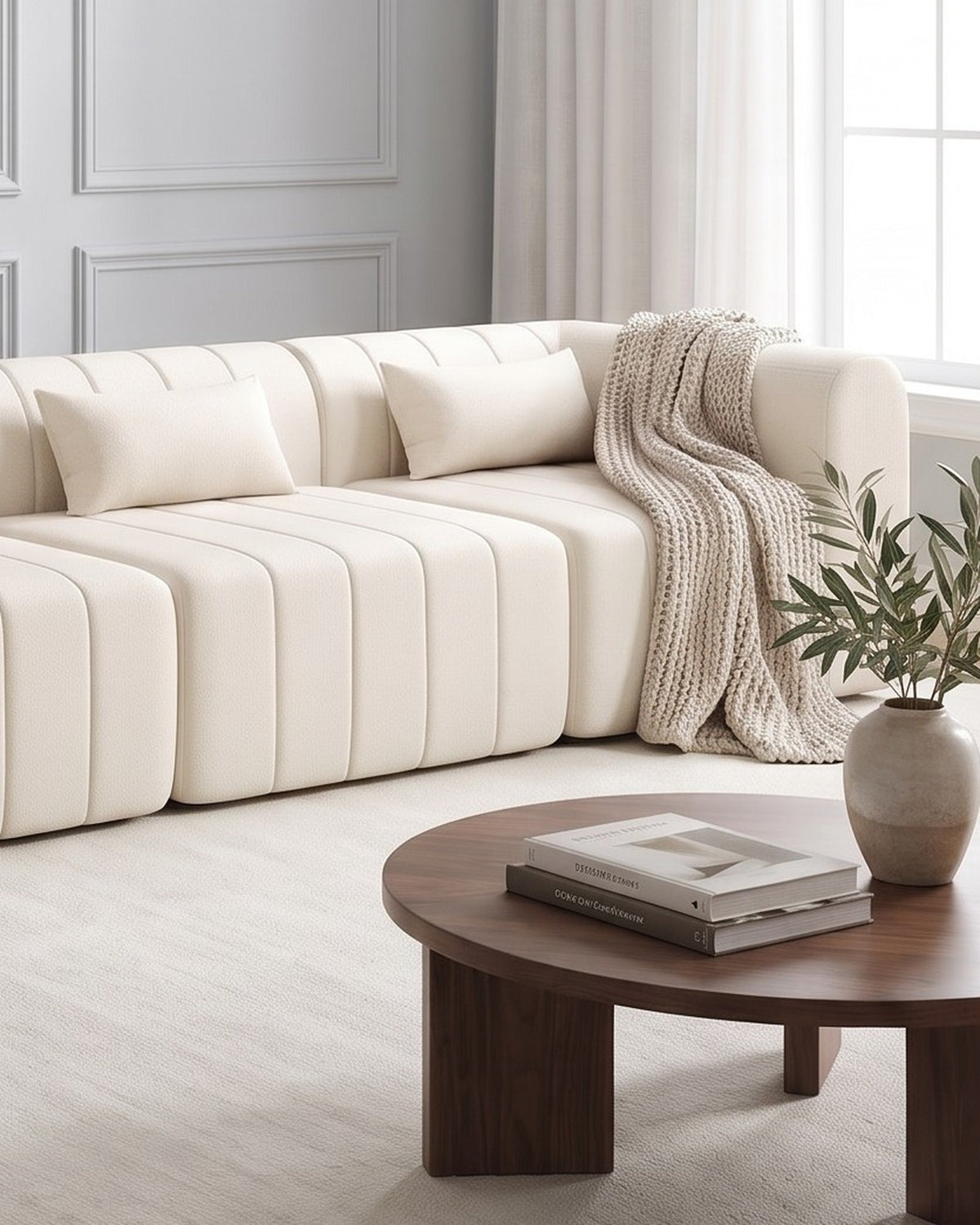 Compressed Modular Sectional, 145 in in Beige, close-up of the right end