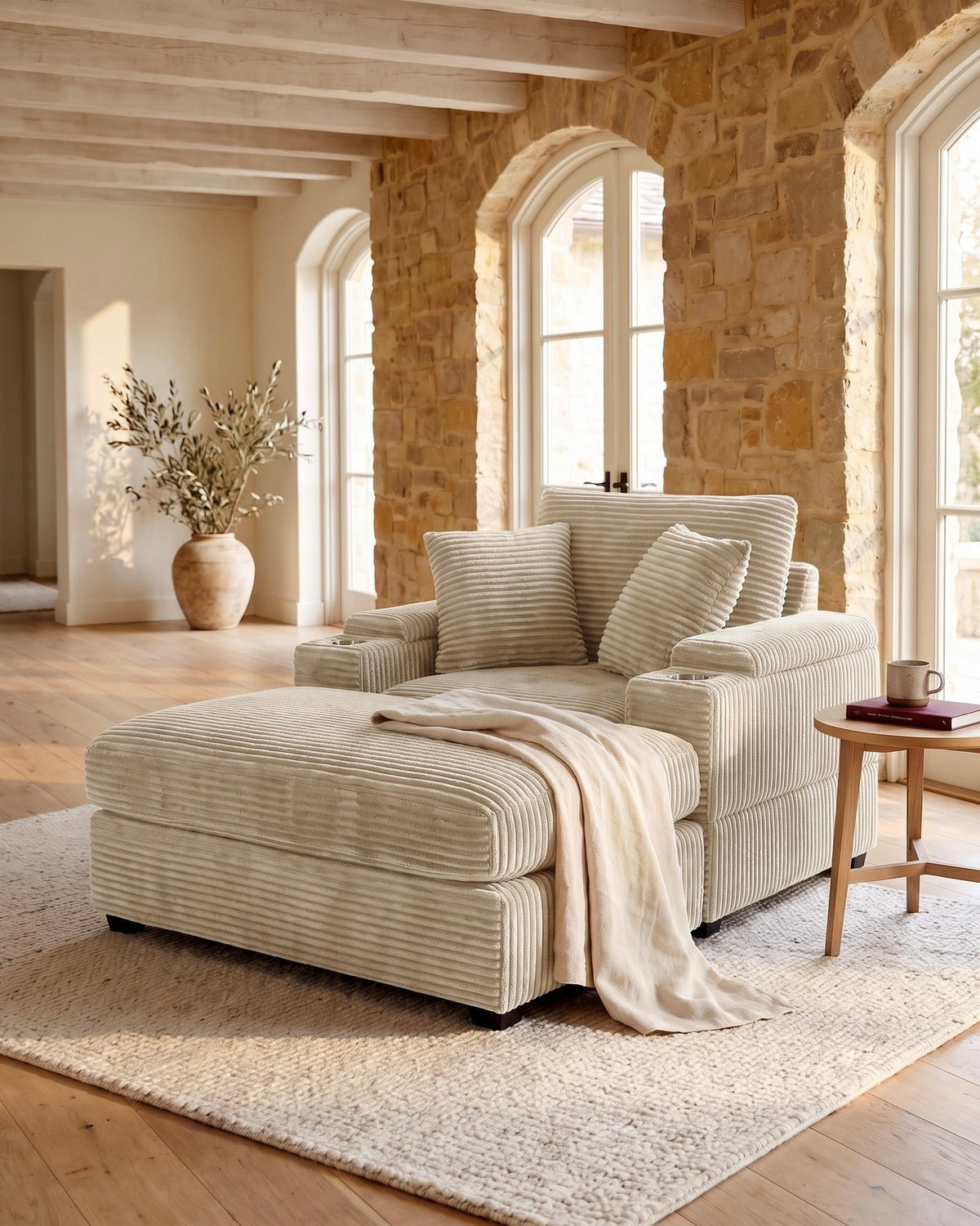 Corduroy Chair and a Half with Storage Arms and Ottoman in Beige, styled in a bright living room
