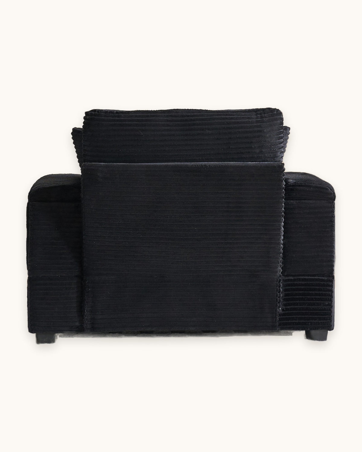 Corduroy Chair and a Half with Storage Arms and Ottoman in Black, back view
