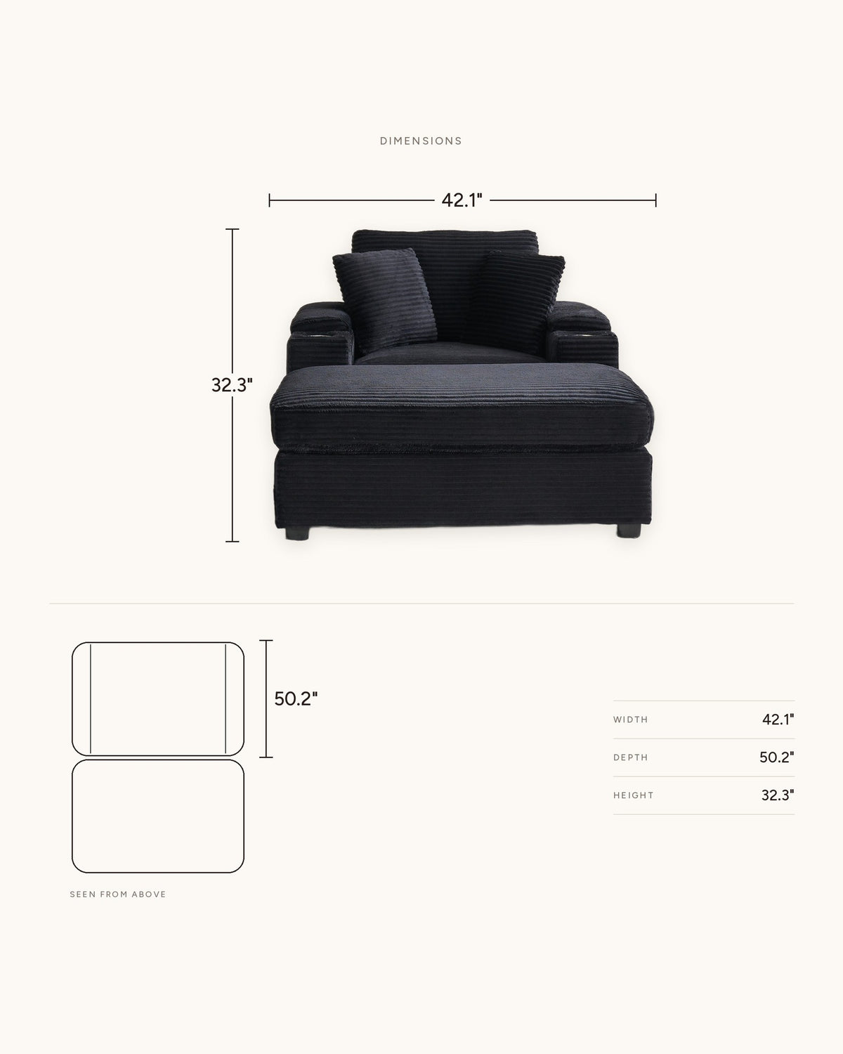 Corduroy Chair and a Half with Storage Arms and Ottoman, dimensions in inches