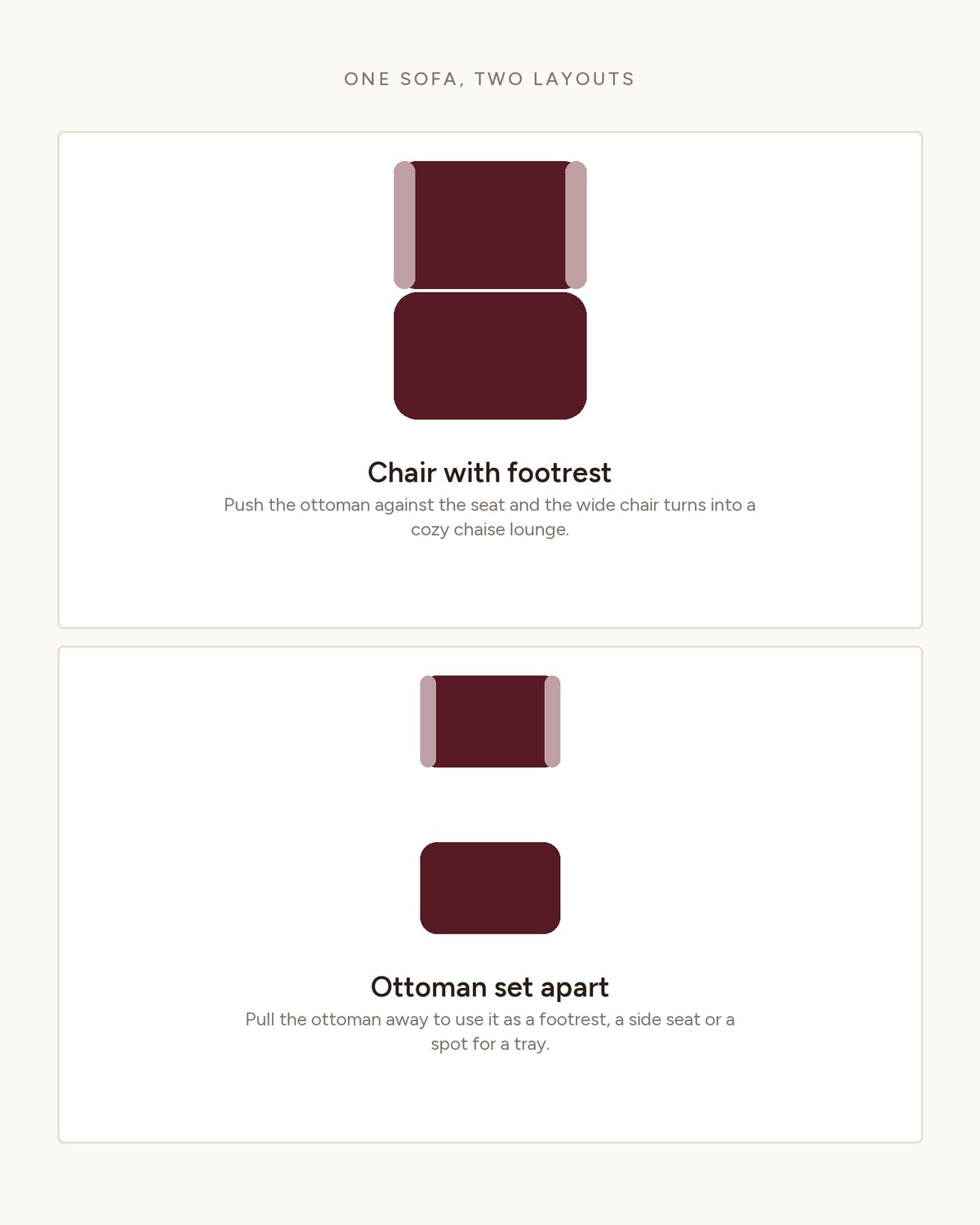 Corduroy Chair and a Half with Storage Arms and Ottoman in Black, top-view diagram of the layouts