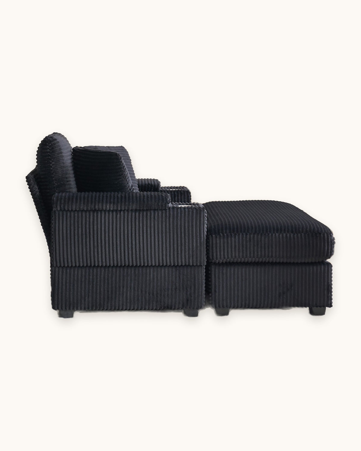 Corduroy Chair and a Half with Storage Arms and Ottoman in Black, side view