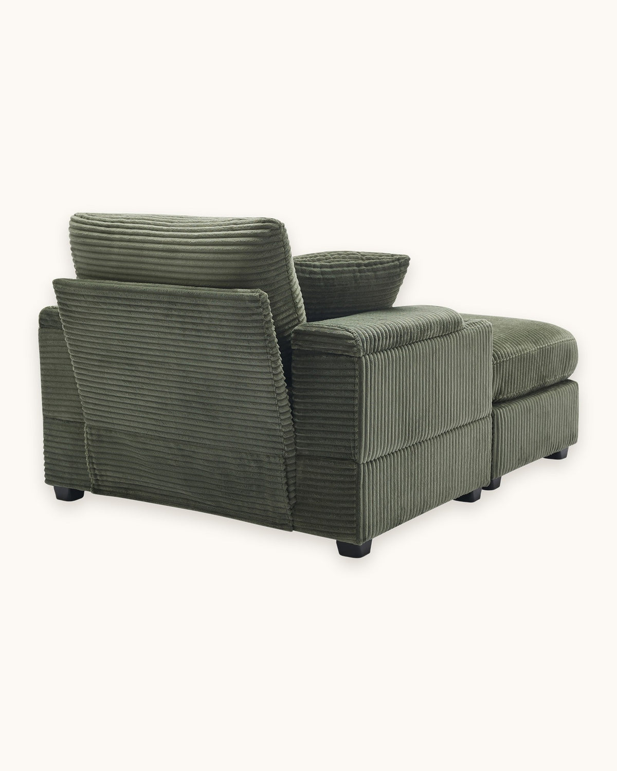 Corduroy Chair and a Half with Storage Arms and Ottoman in Dark Green, back view