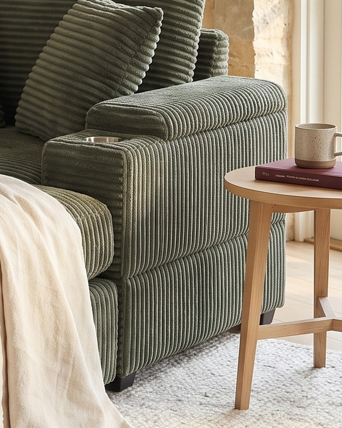 Corduroy Chair and a Half with Storage Arms and Ottoman in Dark Green, close-up of the right end