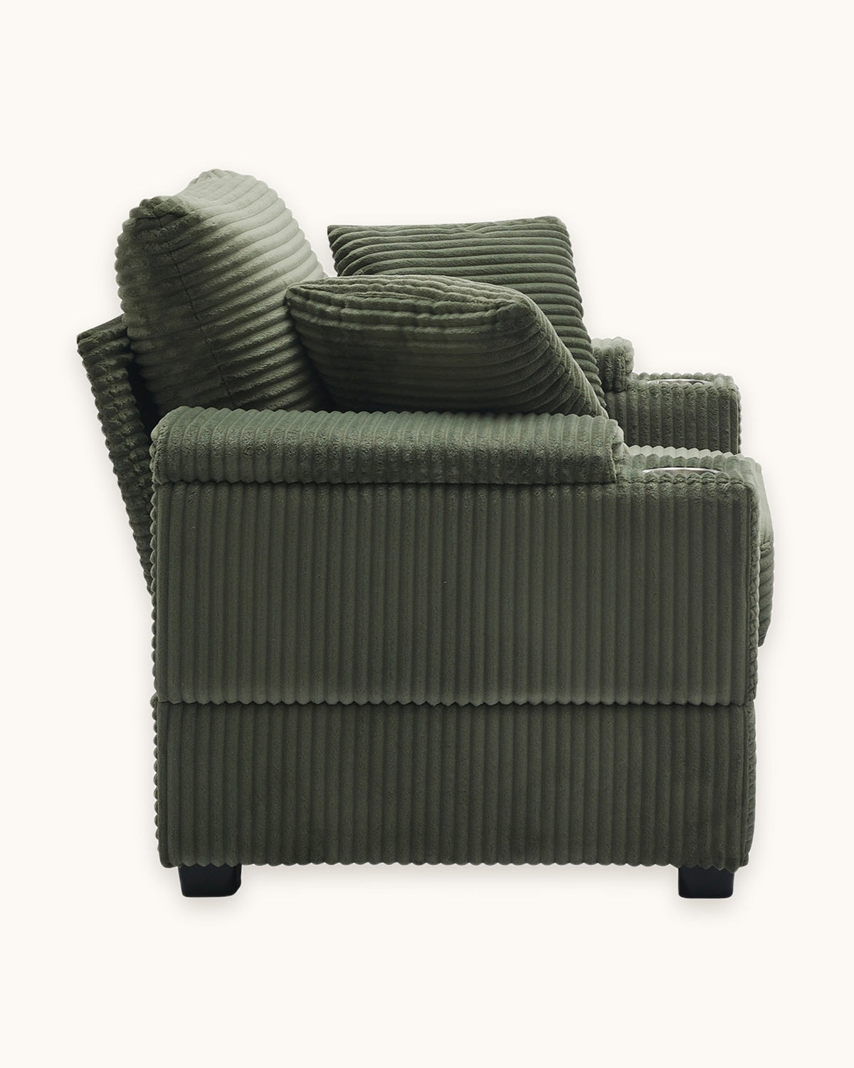 Corduroy Chair and a Half with Storage Arms and Ottoman in Dark Green, side view