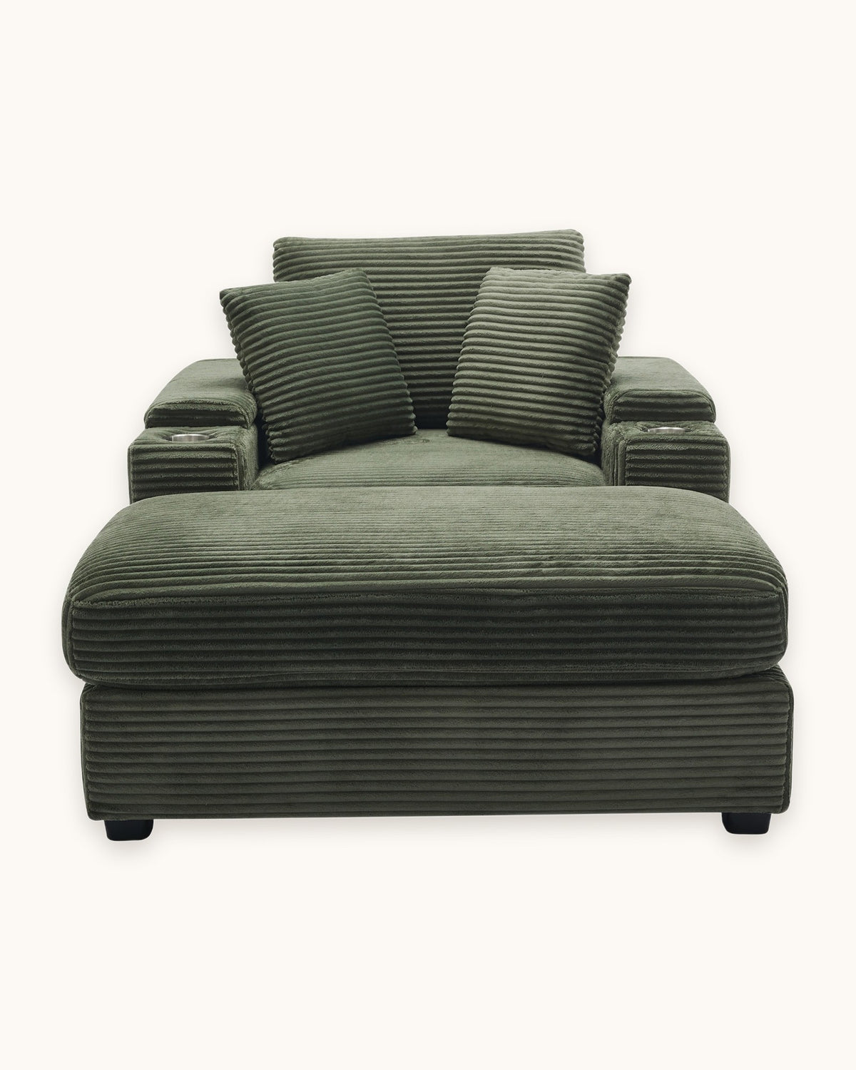 Corduroy Chair and a Half with Storage Arms and Ottoman in Dark Green, studio photo on a light background