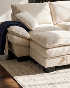 Corduroy Cloud Sectional with 2 Storage Ottomans, 102 in in Beige, close-up of the left end [c:beige] [r:detail]