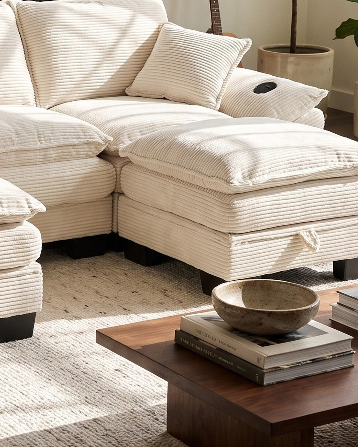 Corduroy Cloud Sectional with 2 Storage Ottomans, 102 in in Beige, close-up of the right end
