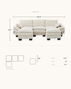 Corduroy Cloud Sectional with 2 Storage Ottomans, 102 in in Beige, dimensions diagram in inches [c:beige] [r:dims]