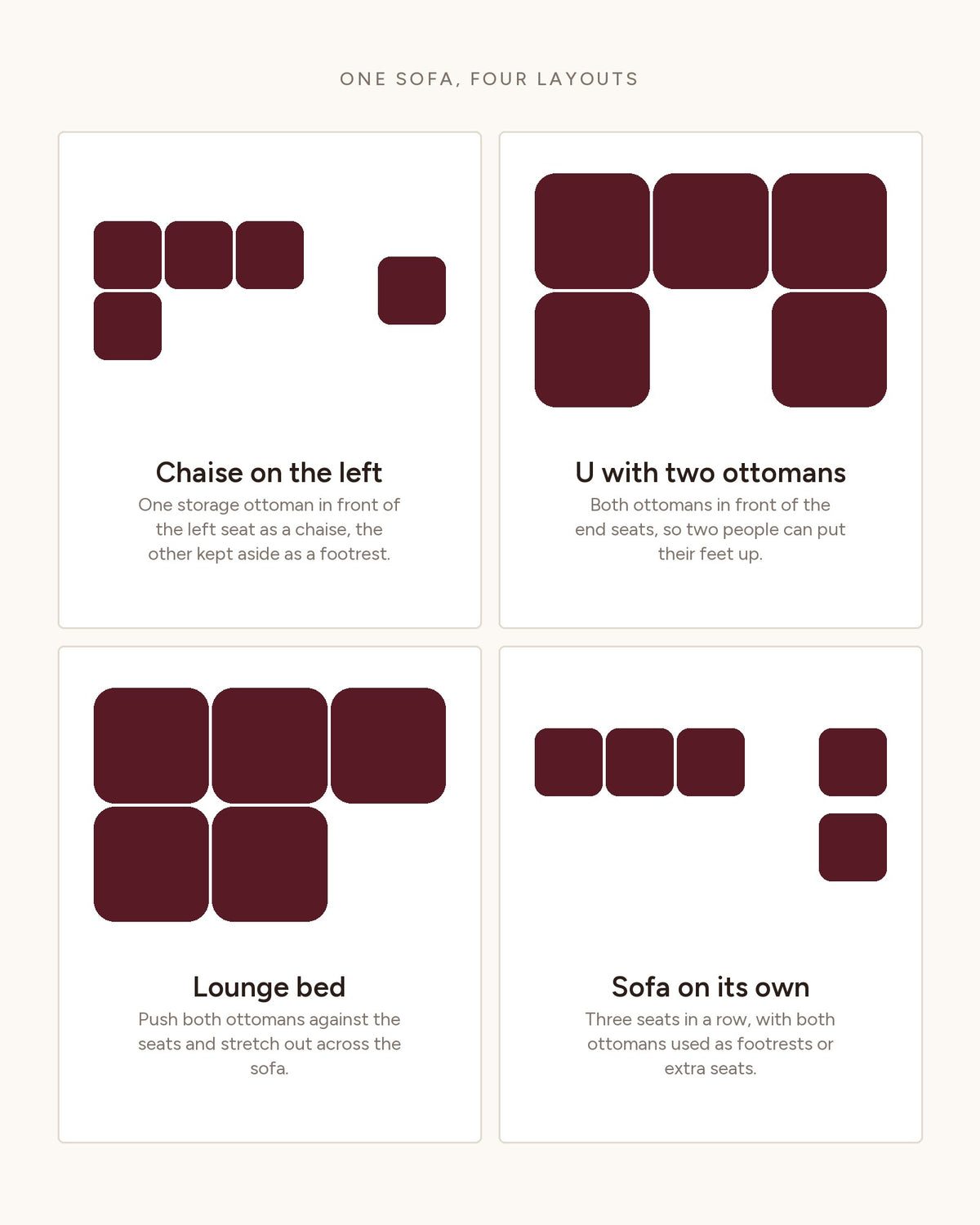 Corduroy Cloud Sectional with 2 Storage Ottomans, 102 in in Beige, top-view diagram of the layouts