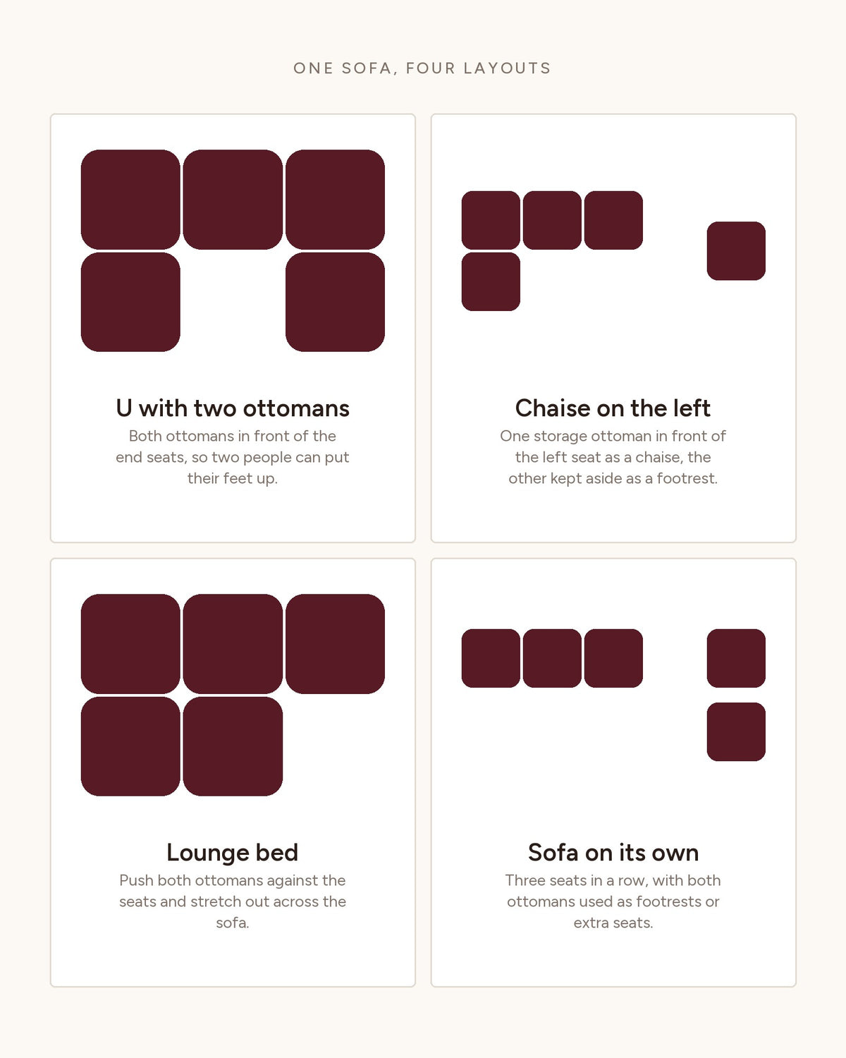 Corduroy Cloud Sectional with 2 Storage Ottomans, 102 in in Beige, top-view diagram of the layouts