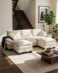 Corduroy Cloud Sectional with 2 Storage Ottomans, 102 in in Beige, styled in a bright living room [c:beige] [r:good]