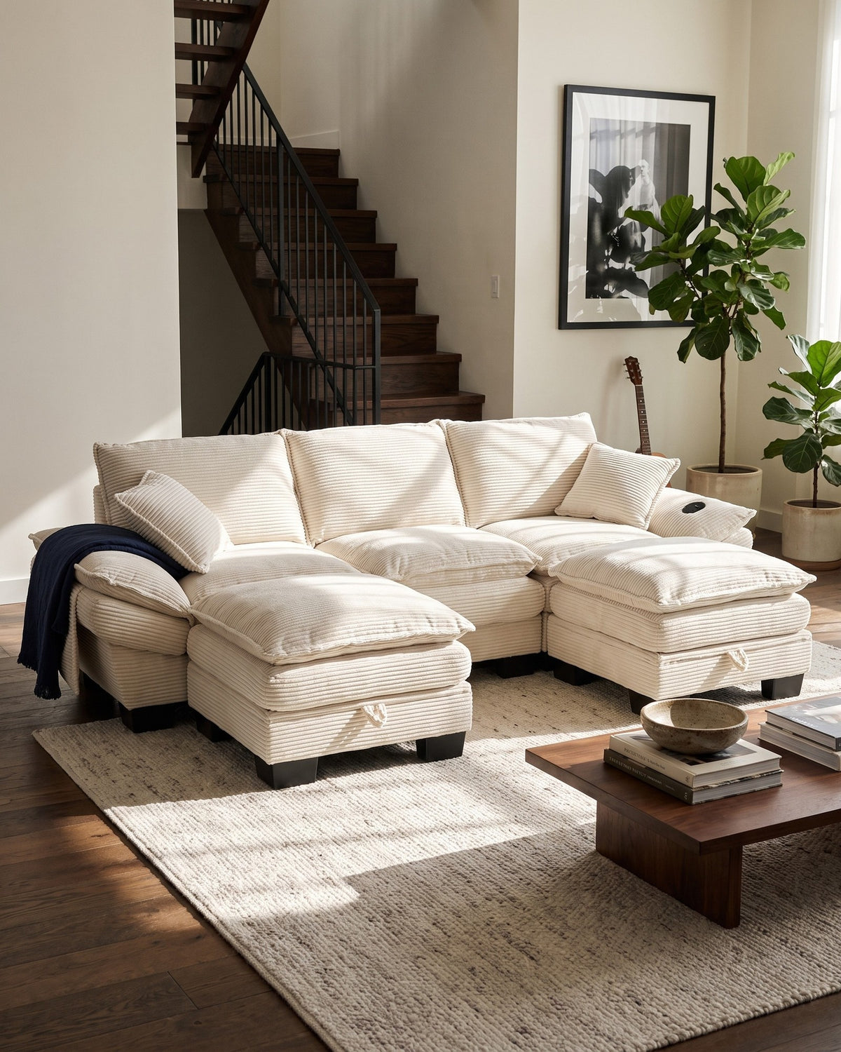 Corduroy Cloud Sectional with 2 Storage Ottomans, 102 in in Beige, styled in a bright living room