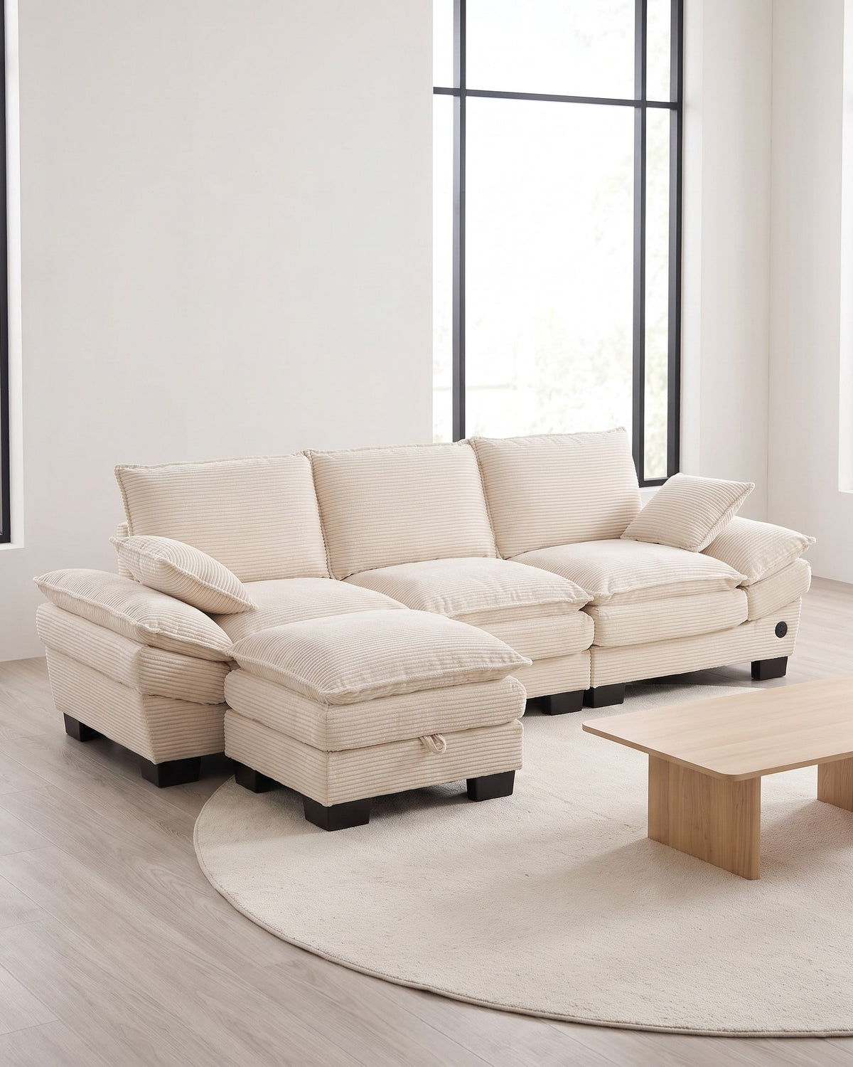 Corduroy Cloud Sectional with 2 Storage Ottomans, 102 in