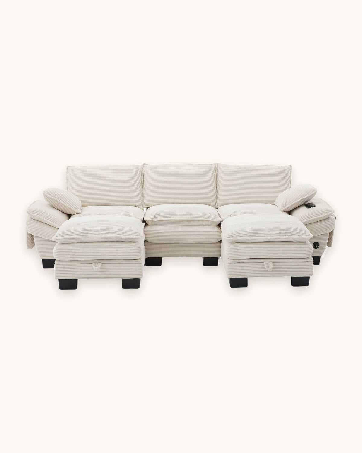 Corduroy Cloud Sectional with 2 Storage Ottomans, 102 in in Beige, studio photo on a light background