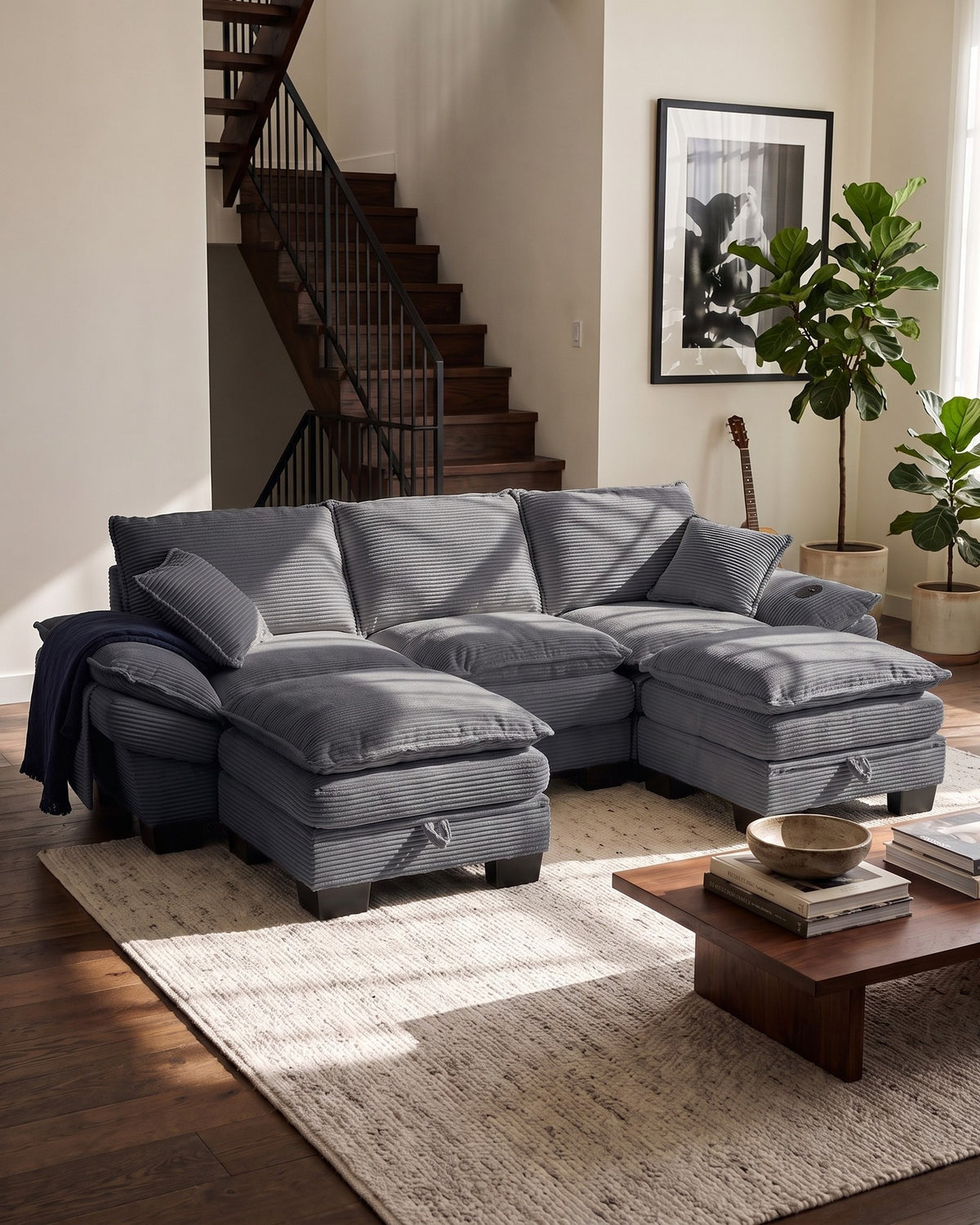Corduroy Cloud Sectional with 2 Storage Ottomans, 102 in in Dark Grey, styled in a bright living room