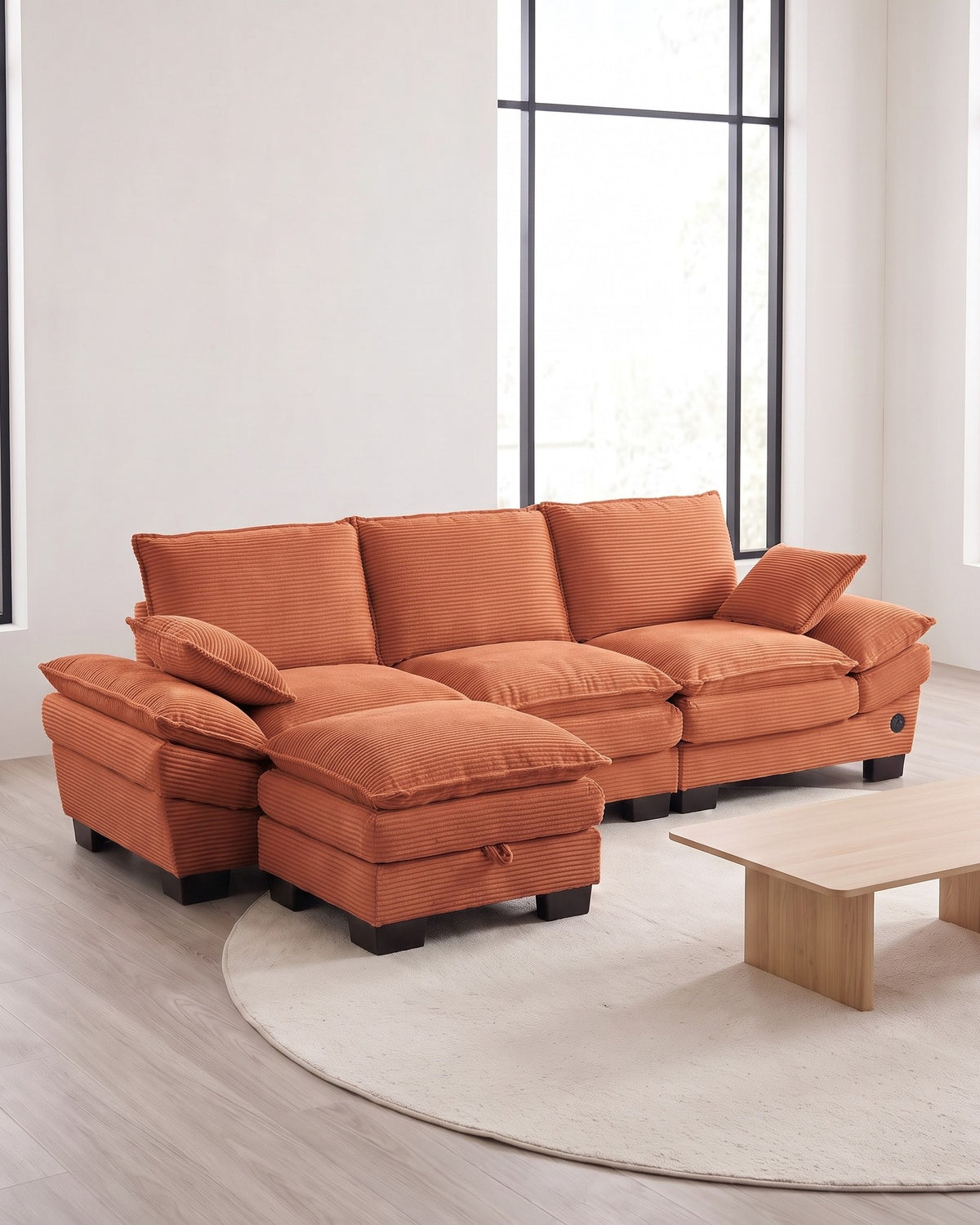 Corduroy Cloud Sectional with 2 Storage Ottomans, 102 in in Orange, styled in a bright living room