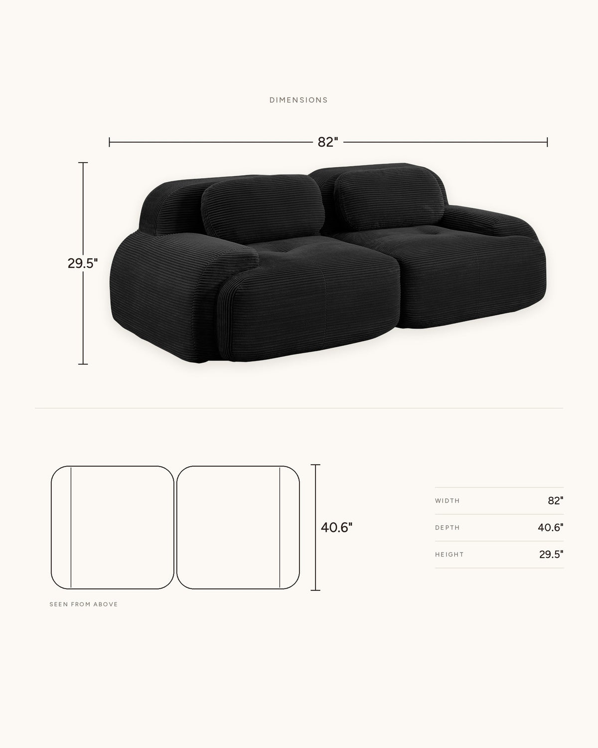Corduroy Modular Loveseat, 82 in, dimensions in inches