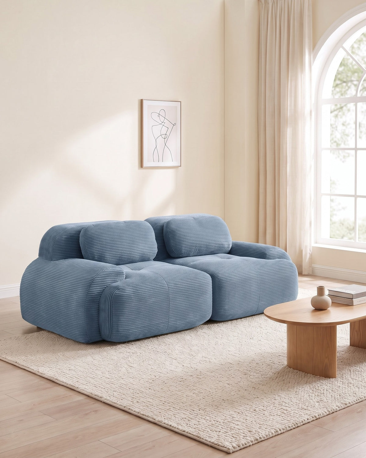 Corduroy Modular Loveseat, 82 in in Blue, styled in a bright living room