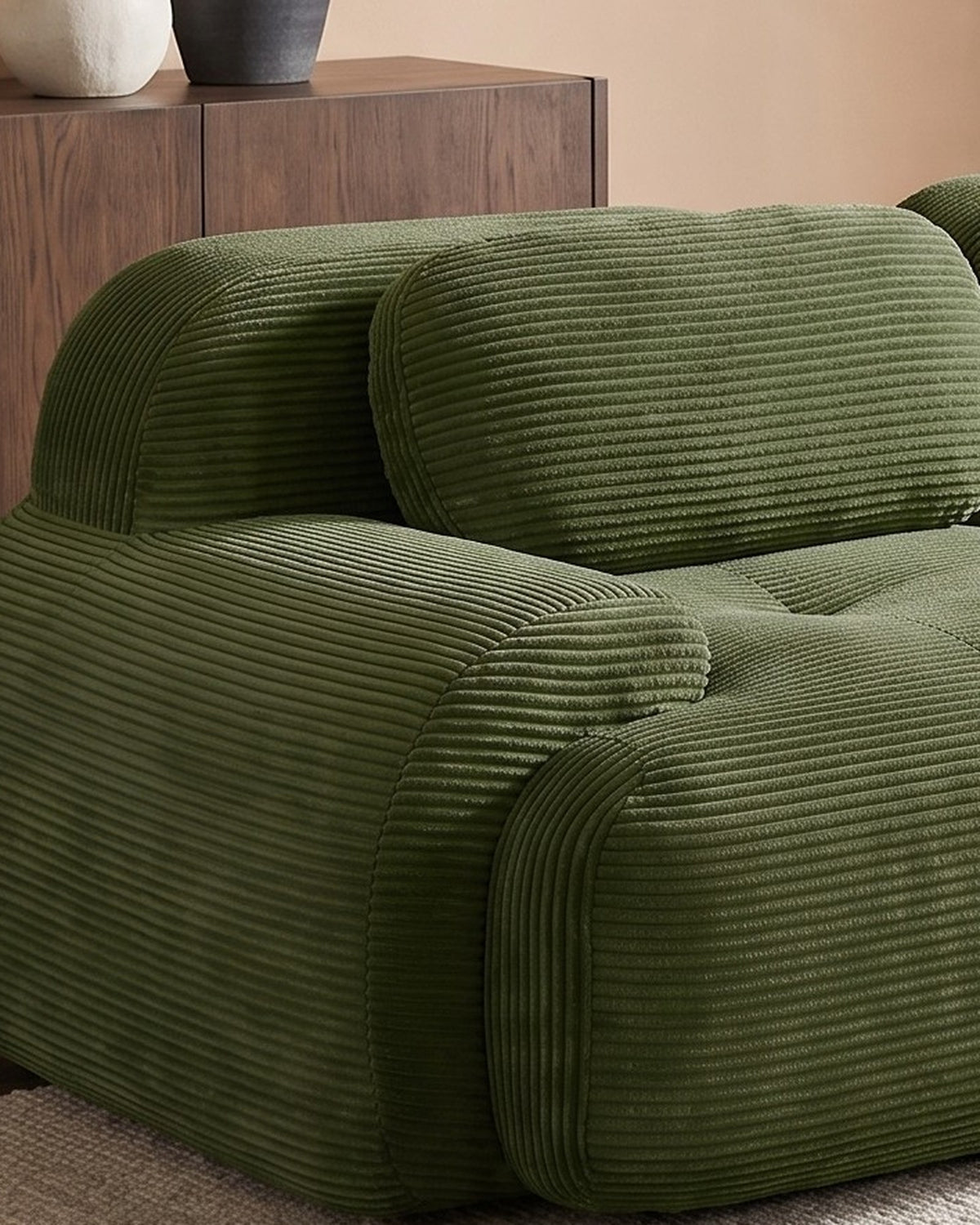 Corduroy Modular Loveseat, 82 in in Olive Green, close-up of the left end
