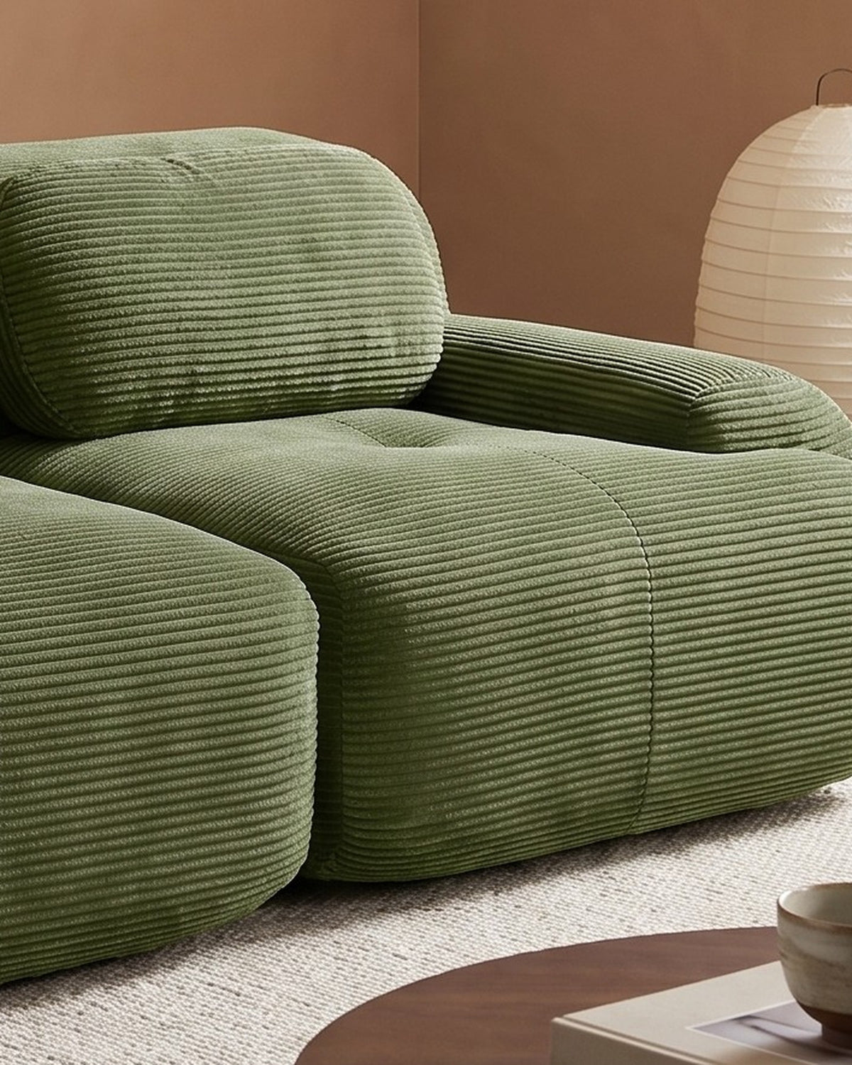 Corduroy Modular Loveseat, 82 in in Olive Green, close-up of the right end